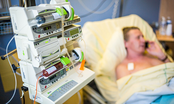 Picture shows a patient receiving a bone marrow autotransplant, in which high doses of chemotherapy or radiation therapy are followed by infusion of the patient’s own stem cells.