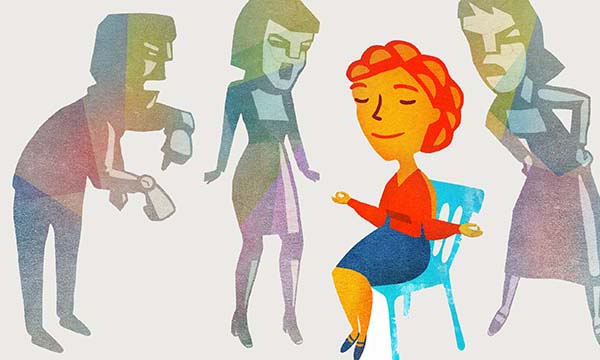 woman is surrounded by angry critics but retains her inner calm