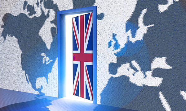Illustration of a door allowing access to the UK, with a world map in the background