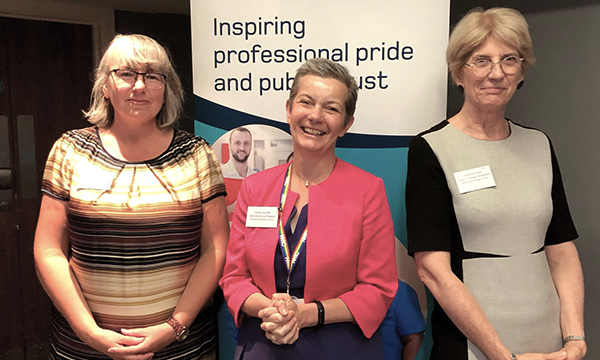 NMC chief executive Andrea Sutcliffe flanked by two woman at roundtable consultation in Bristol