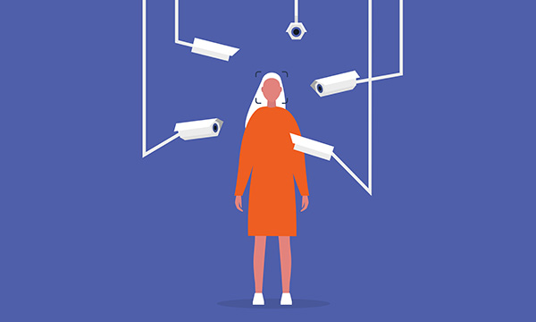 illustration shows figure surrounded by security cameras – as trial suggests some benefits from their use