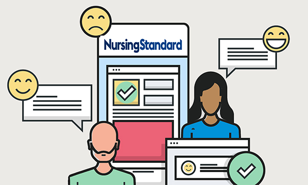 Illustration shows male and female figures with caption bubbles and in the background an image depicting a page of Nursing Standard. The journal is conducting a survey on the image of nursing, closing at 9am on 18 November.