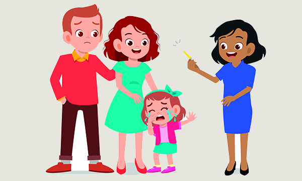 illustration shows frightened man, woman and bawling child as nurse approaches with a syringe