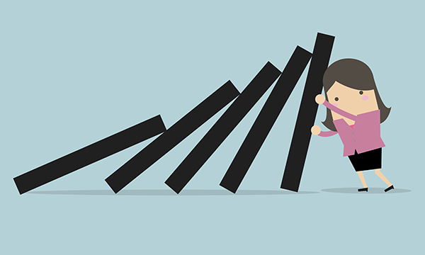 Illustration of a woman shouldering the burden of falling dominoes and struggling to cope with the weight
