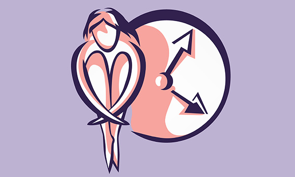 illustration shows woman sitting hugging her legs, with a clock behind 