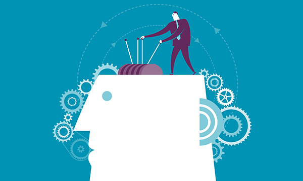 illustration shows contents of person's head – cogs and wheels – being examined and manipulated