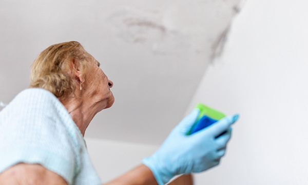 Picture shows a woman wearing household gloves and holding a cleaning sponge looking at patches of mould. Poor air quality in the home is linked to a range of health problems, and guidance from NICE suggests how to achieve improvements.