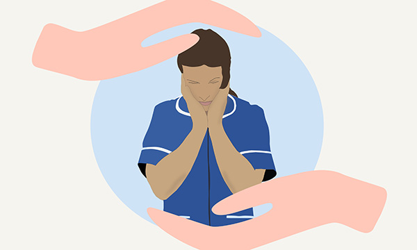 Image of a female medic holding her hands to her face in distress, with images of comforting hands above and below her