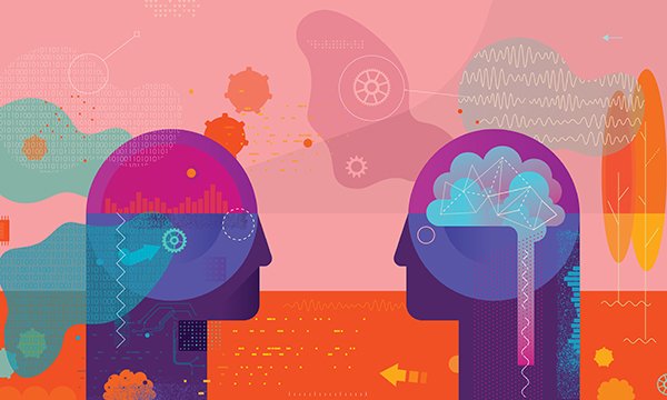 Illustration showing mechanical devices inside human-shape heads, representing research