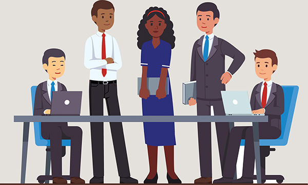 Picture shows several figures standing or sitting around a table