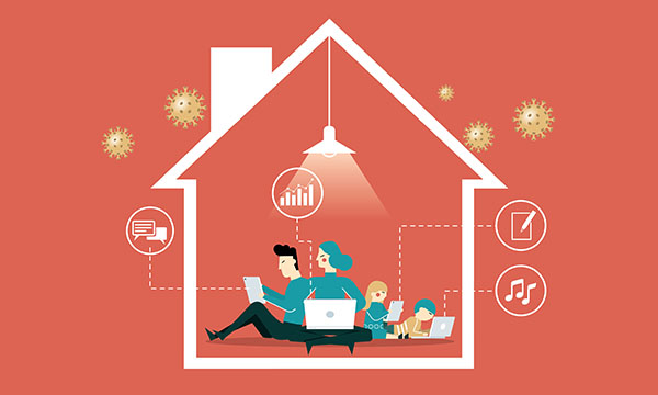 Illustration of people working within a house, with COVID-19 molecules outside. Picture: iStock
