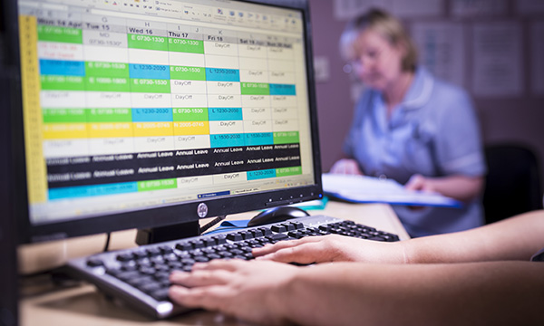 Picture shows a screen at a nurse station displaying shift patterns