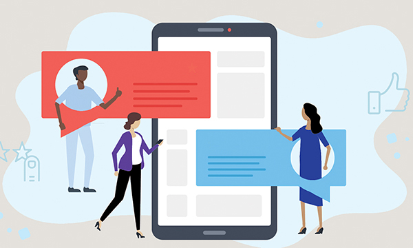 Digital image of a smartphone with figures around it completing survey questions