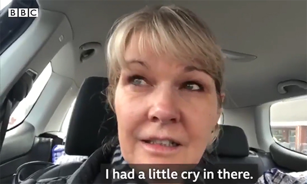 image from Dawn Bilbrough video, when she pleaded with shoppers not to stockpile essential foods