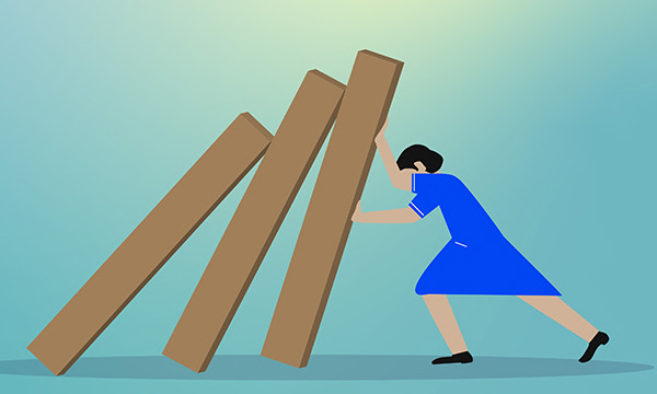 Illustration of figure representing a nurse holding a row of posts that seem to be toppling 