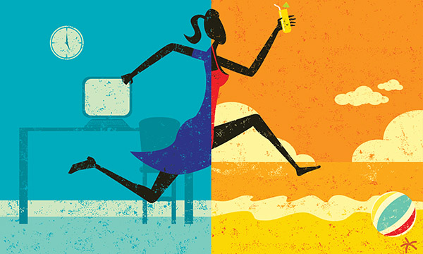 Image shows silhouette a running figure divided down the middle, one half in a hospital in nurse's uniform and the other in casual dress at the beach