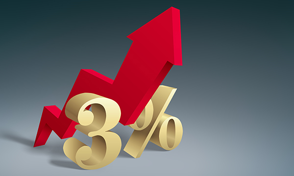 Three dimensional image shows characters representing 3% weighed down by a large, jagged red arrow pointing upwards