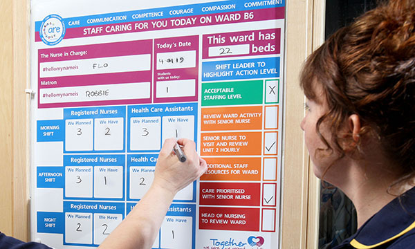 Staffing level boards at a hospital in Grimsby, north Lincolnshire