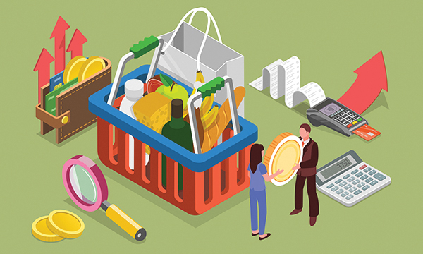 Illustration shows two figures holding a coin next to a basket of groceries, while nearby red arrows rise from a with a wallet and bill receipt