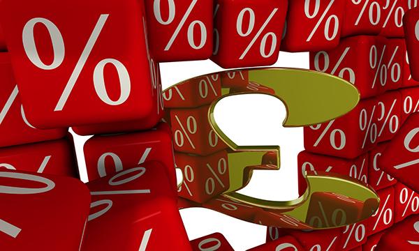 Image of a £ symbol in gold breaking through a wall of blocks painted with percentage symbols 