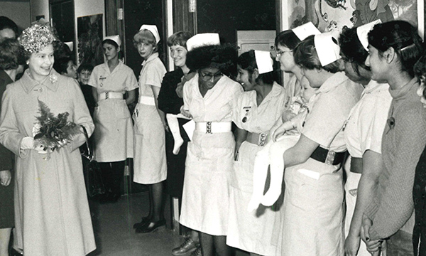 Queen Elizabeth II meets staff and patients at St George’s Hospital, London in 1980