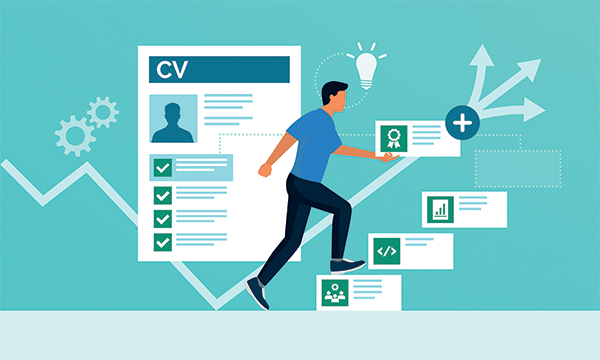 Illustration shows man walking with confidence up stairs 