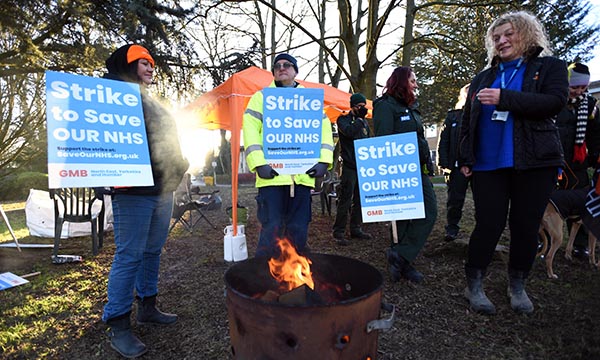 NHS picket line of GMB members outside Harrogate District Hospital on 6 February 2023