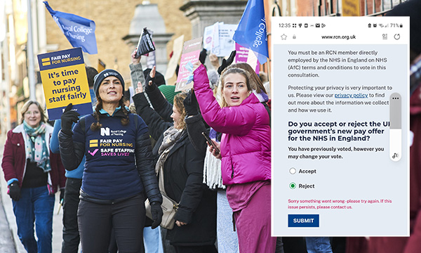 Photo of striking nurses with placards alongside pay ballot voting information: 