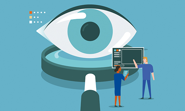 Two nurses working with a non-contact monitoring tool. An eye and magnifying glass are in the background, to highlight the technology is being used to observe patients.