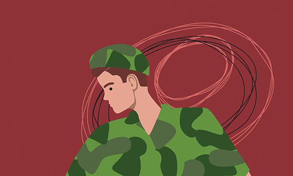 An illustration of a young man in combat fatigues with a swirling red and black cloud around his head