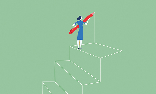 Illustration with a green background showing a nurse in uniform holding an oversized red pencil, standing on steps drawn in white pencil outline – indicating nurses stepping up to take on responsibilities beyond the scope of their roles