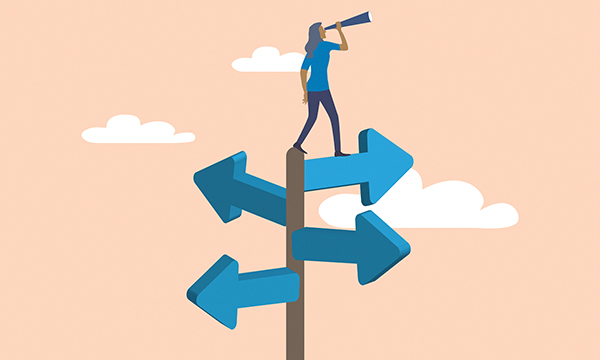 Illustration shows a general practice nurse with a loudhailer standing on top of a signpost showing four directions to take