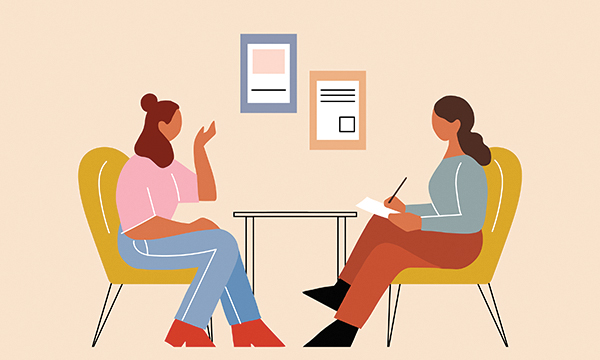 Illustration showing a research supervisor giving feedback to a nurse researcher who is taking notes