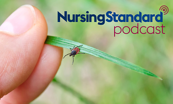 Picture of a tick on a blade of grass held between someone's thumb and forefinger