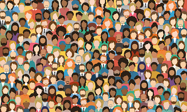 Illustration of diversity with the heads of a multicultural crowd of people
