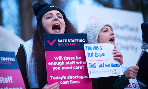 Nurses chant on picket lines during the NHS strikes over pay and staffing