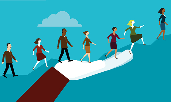 Small figures walking up a slope with a large image of an open hand supporting them