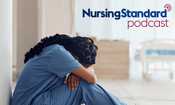 Photo of exhausted nurse at work, illustrating podcast about burnout