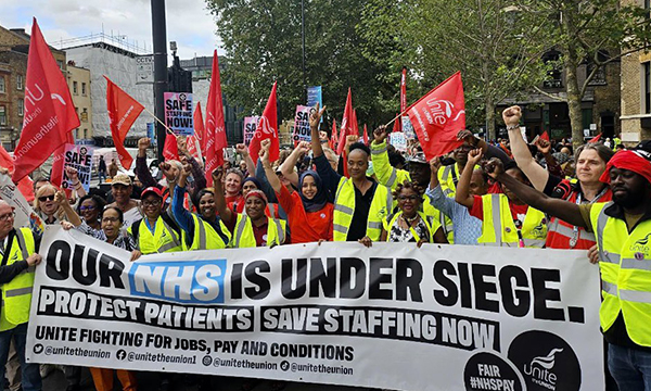 A Unite demonstration outside Barts on 13 September