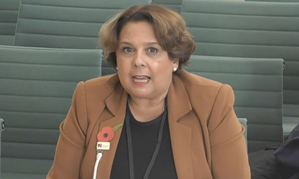 RCN chief nurse Nicola Ranger in House of Commons committee room while giving evidence to MPs