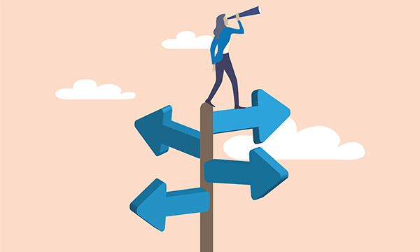 A figure staring intently through a telescope stands on top of a sign with arrows pointing in four different directions, this symbolises future goals