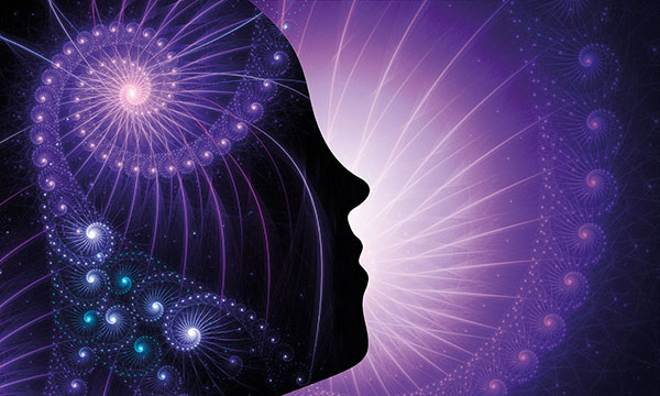 Profile of a human face with patterns in the foreground and background featuring abstract images representing the mind and mental health