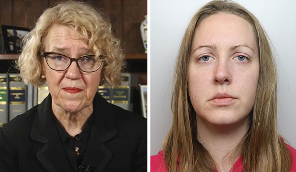 A photo of Lady Justice Thirlwell next to a photo of Lucy Letby