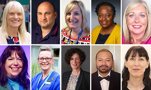 Collage image showing ten of the nurses named in the new year honours list, including, clockwise from top left Denise Chaffer, James McLean, Debbie Brown, Lorraine Sunduza, Wendy Herbert, Debbv Veigas, Marino Latour, Nicki Paterson, Sharon Manning and Jes