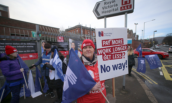 Striking nurses at Belfast’s Royal Victoria Hospital in January 2020