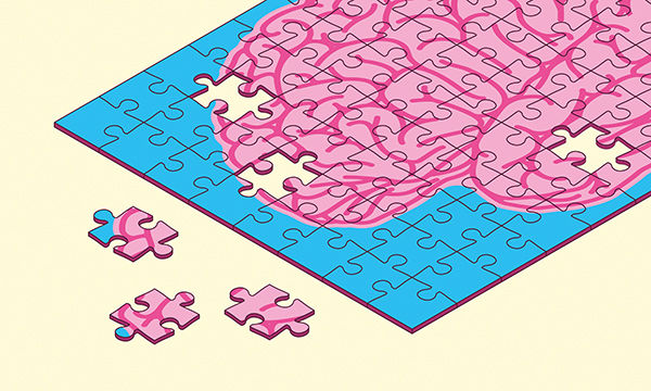 A jigsaw puzzle of a human brain with three pieces missing from the completed puzzle