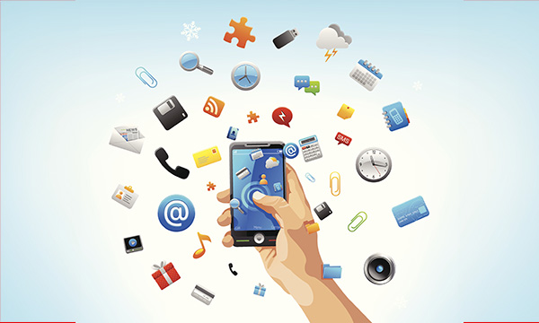 An illustration of a smart phone being held aloft with app logos swirling around it