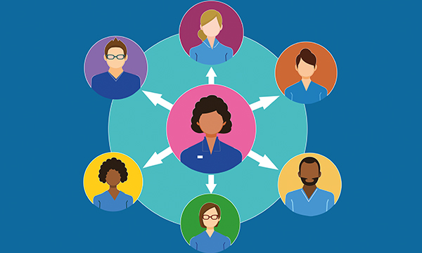 An illustration showing a nurse in the middle of a circle of six other healthcare staff with arrows pointing away from the nurse to illustrate delegation of work