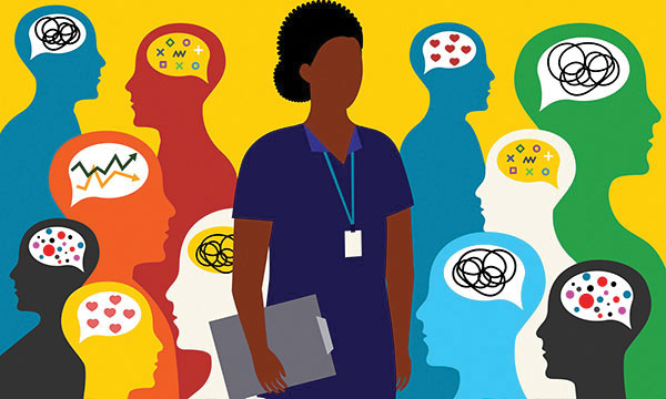 Illustration of a nurse manager, holding a clipboard and standing in the middle of a number of faceless talking heads