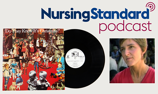 Photo of Dr Dame Claire Bertschinger working in Africa in the 1980s, and the Band Aid single Do They Know It's Christmas? 